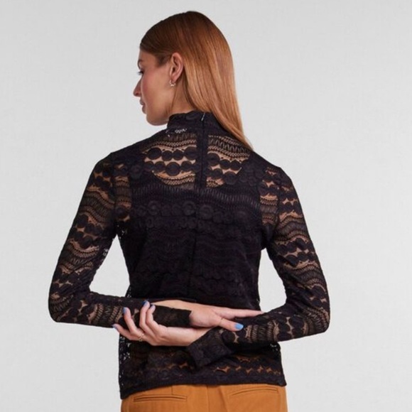 NWT Yas Pinna Long Sleeve High Neck Semi-sheer Lace Top S Black - Picture 2 of 16